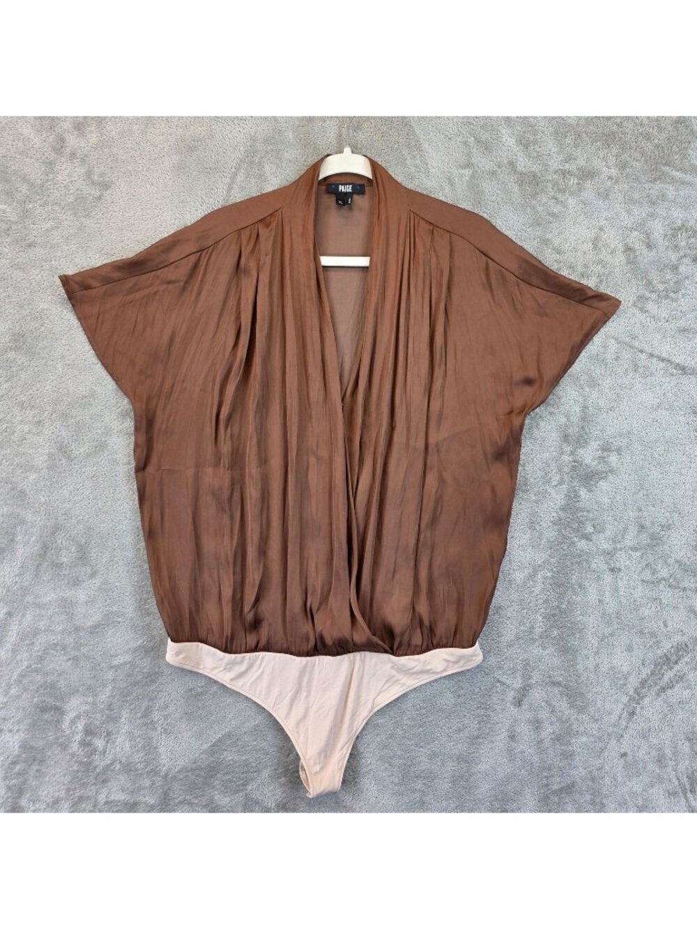Paige Bodysuit Womens XL Brown Satin Surplice V Neck Dolman Short Sleeve Thong